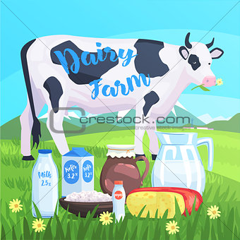 Landscape With Cow And Milk Products On The Foreground