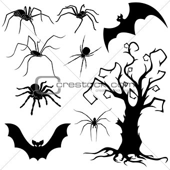 Halloween set of spiders, bats and dried tree