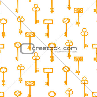 Gold keys seamless vector pattern on white. Vintage cartoon key background.