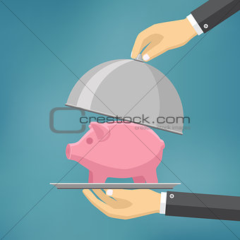 The businessman offering piggybank on the clothe.