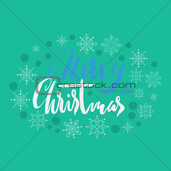 Merry Christmas hand lettering. Handmade calligraphy on green snowflakes background. Vector illustration. Grunge handdrawn font.