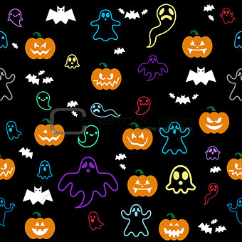 Seamless Halloween ghost, bats, pumpkins pattern on black