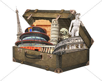 Famous monuments of the world in vintage suitcase