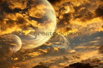 Beautiful sunset with storm sky and planets