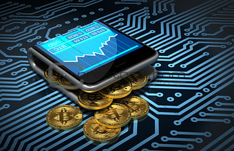 Concept Of Digital Wallet And Bitcoins On Printed Circuit Board
