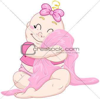 Cute Baby Girl Hugs Pink Blanket