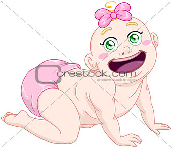 Cute Baby Girl With Diaper Crawling