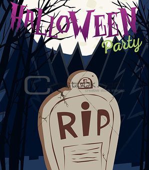 Halloween party poster with tombstone and moon. Vector illustration.