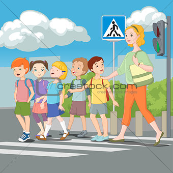 Kids crossing road with teacher. Vector illustration.