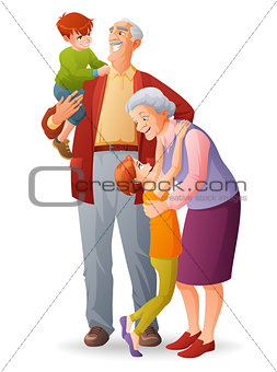 Happy grandparents with their cheerful grandchildren. Cartoon vector isolated illustration.