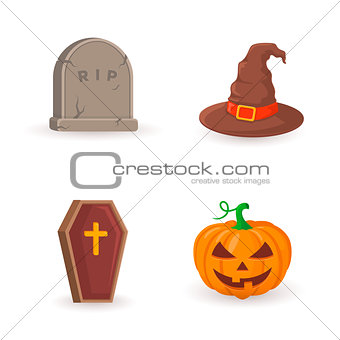 Grave, coffin, pumpkin and witch hat.