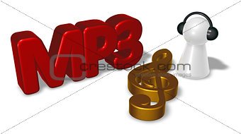 mp3 tag, clef symbol and pawn with headphones - 3d rendering