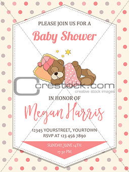 delicate baby girl  shower card with little teddy bear