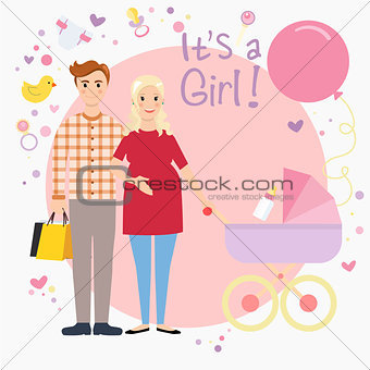 Illustration of a pregnant couple waiting for a baby girl