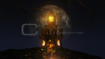 3D Halloween background with creature running from spooky castle