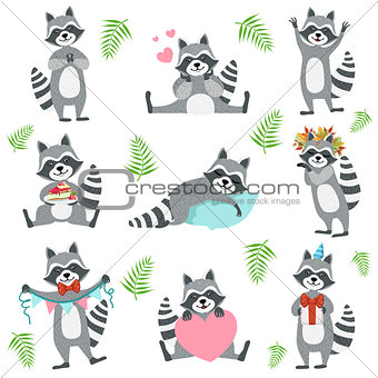 Cute Raccoon Character In Different Situations Set