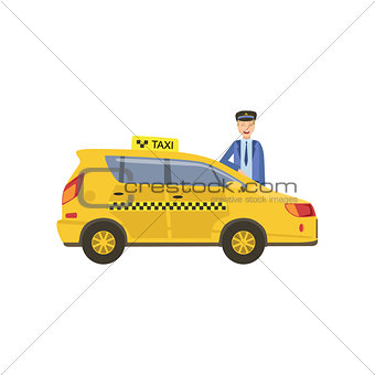 Driver In Uniform And Yellow Taxi Car