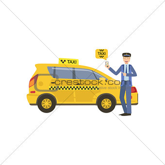 Driver Showing A Smartphone Taxi Service Application Standing Next To His Yellow Car