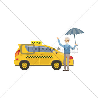 Old Man With Umbrella Signaling To Yellow Taxi Car