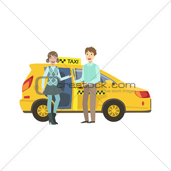 Young Couple Entering Yellow Taxi Car
