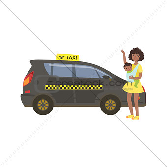 Woman With Baby Calling Black Taxi Car