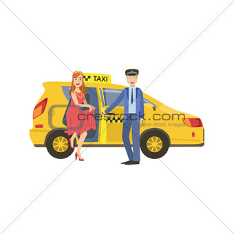 Driver Opening The Door For A Woman To Go Out From Yellow Taxi Car