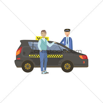 Man Passenger And Driver Standing Next To Black Taxi Car