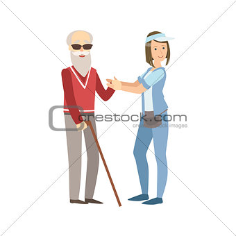 Volunteer Helping A Blind Old Man