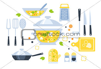 Soup Preparation Set Of Utensils Illustration