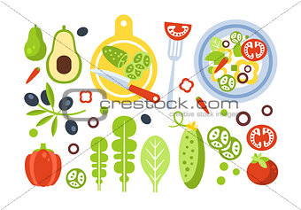 Salad Preparation Set Of Ingredients Illustration