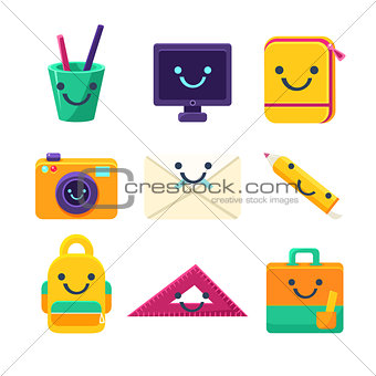 Office Desk Supplies Collection Of Objects With Smily Faces