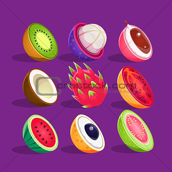 Tropical Fruits Sliced In Half Set Of Bright Icons