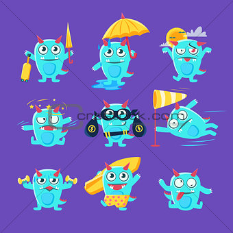 Blue Dinosaur In Different Situations