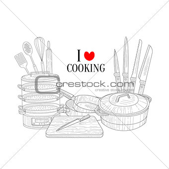 Set Of Cooking Utensils Hand Drawn Realistic Sketch