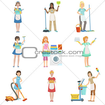 Hotel Professional Maids With Cleaning Equipment Set Of Illustrations