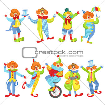 Collection Of Colorful Friendly Clowns In Classic Outfits