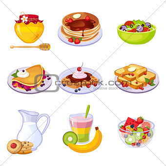 Different Breakfast Dishes Assortment Set Of Isolated Icons