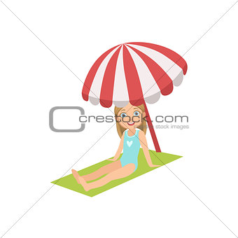 Girl On The Beach Sitting Under Umbrella