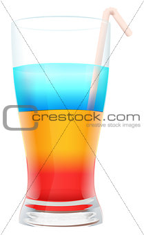 Multi colored alcohol layers cocktail in glass with straw