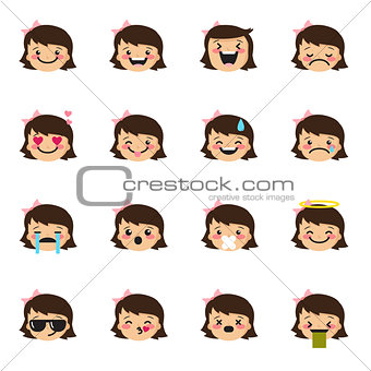 Vector girl emoticons collection. Cute kid emoji set