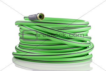 Long garden hose rolled-up isolated on white background