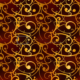Golden baroque swirls on red, luxury seamless pattern