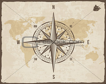 Vintage Nautical Compass. Old World Map on Vector Paper Texture with Torn Border Frame. Wind rose. Background  Ship Logo Silhouette