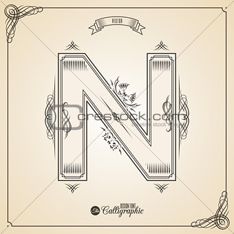 Calligraphic Fotn with Border, Frame Elements and Invitation Design Symbols. Collection of Vector glyph. Certificate Decor. Hand written retro feather Symbol. Letter N