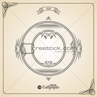 Calligraphic Fotn with Border, Frame Elements and Invitation Design Symbols. Collection of Vector glyph. Certificate Decor. Hand written retro feather Symbol. Letter O