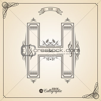 Calligraphic Fotn with Border, Frame Elements and Invitation Design Symbols. Collection of Vector glyph. Certificate Decor. Hand written retro feather Symbol. Letter H