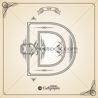 Calligraphic Fotn with Border, Frame Elements and Invitation Design Symbols. Collection of Vector glyph. Certificate Decor. Hand written retro feather Symbol. Letter D