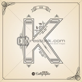Calligraphic Fotn with Border, Frame Elements and Invitation Design Symbols. Collection of Vector glyph. Certificate Decor. Hand written retro feather Symbol. Letter K
