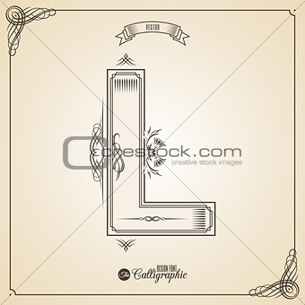 Calligraphic Fotn with Border, Frame Elements and Invitation Design Symbols. Collection of Vector glyph. Certificate Decor. Hand written retro feather Symbol. Letter L
