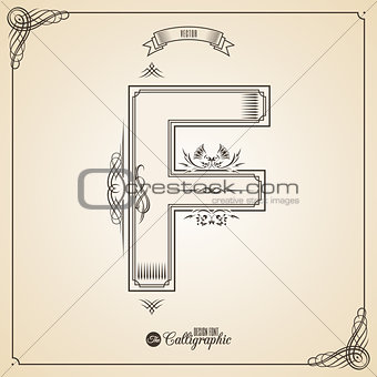 Calligraphic Fotn with Border, Frame Elements and Invitation Design Symbols. Collection of Vector glyph. Certificate Decor. Hand written retro feather Symbol. Letter F